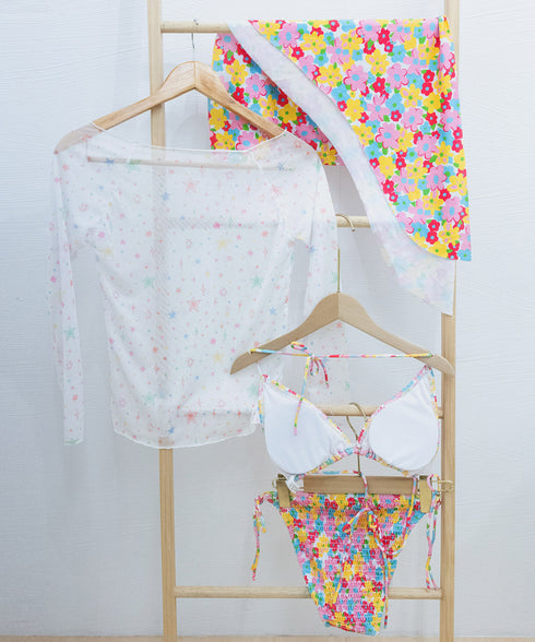 花柄 ビキニ 4点セット セパレート水着 カラフル レディース水着ビキニ 日焼け防止長袖 カバーアップ ノンワイヤー パレオ付き 水着上下セット おしゃれ 海水浴 98TIANYY-001